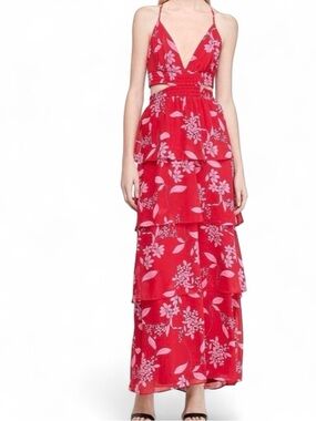 Express Red floral maxi summer sundress dress w ruffles elastic strap back Sz L